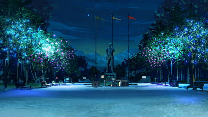 ArseniXC, été éternel, nuit, arbres, statue, drapeau, banc, Fond d'écran HD