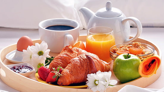 круассан, мюсли, кофе, сок, завтрак, апельсиновый сок, поздний завтрак, полный завтрак, HD обои HD wallpaper