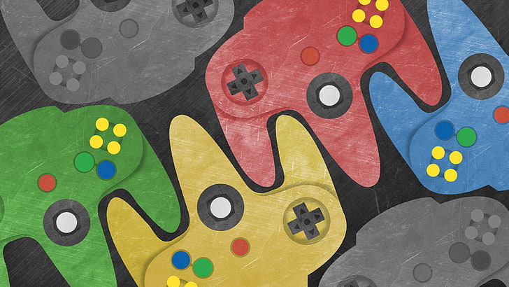 رسم توضيحي لوحدة تحكم ألعاب Nintendo 64 بألوان متنوعة ، Nintendo 64 ، N64 ، وحدات تحكم ، ألعاب فيديو ، نظام Nintendo Entertainment System ، عصا التحكم، خلفية HD