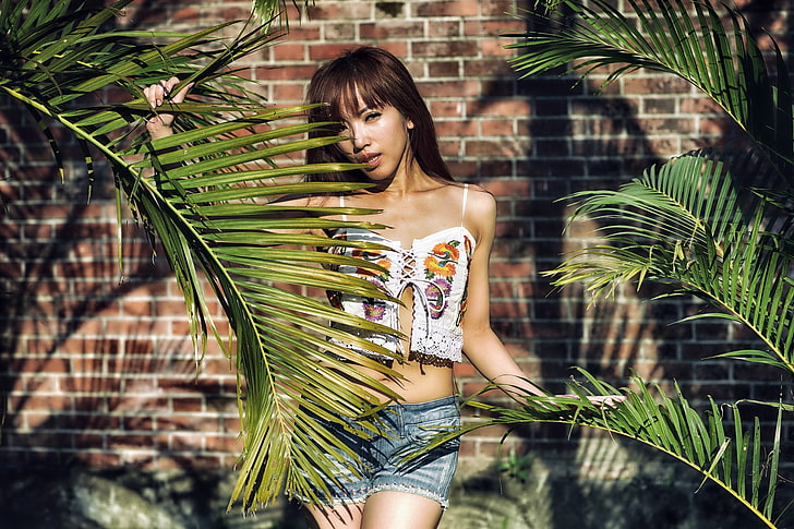 plants, wall, jean shorts, Asian, women, model, HD wallpaper