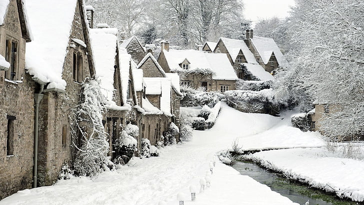 snow covered houses, snow, England, winter, Bibury, England, town, stream, HD wallpaper
