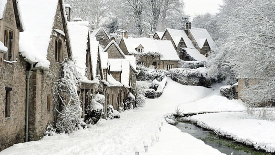 заснеженные дома, снег, Англия, зима, Бибери, Англия, город, ручей, HD обои HD wallpaper