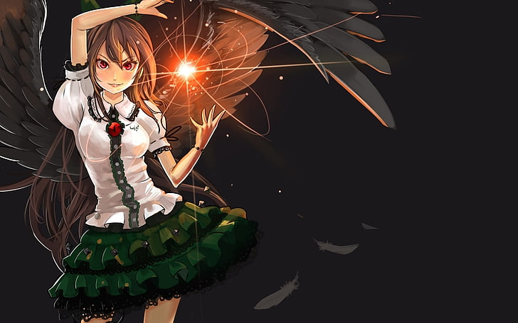 Ilustración de personaje de anime de niña de cabello castaño, niña, alas, pluma, bola, fuego, magia, Fondo de pantalla HD