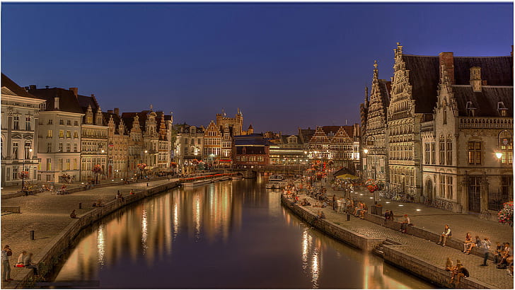 Ghent Flanders Belgium City Night Time Desktop พื้นหลังดาวน์โหลดฟรีสำหรับ Windows, วอลล์เปเปอร์ HD