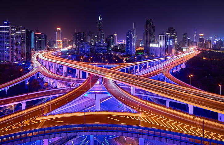 road, road, light, night, the city, lights, excerpt, China, Shanghai, bridges, HD wallpaper