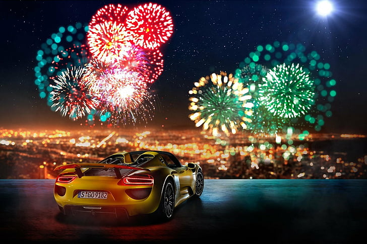 Porsche, Porsche 918 Spyder, voiture, feux d'artifice, Supercar, véhicule, voiture jaune, Fond d'écran HD