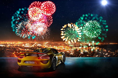 Porsche, Porsche 918 Spyder, кола, фойерверки, суперавтомобил, превозно средство, жълта кола, HD тапет HD wallpaper