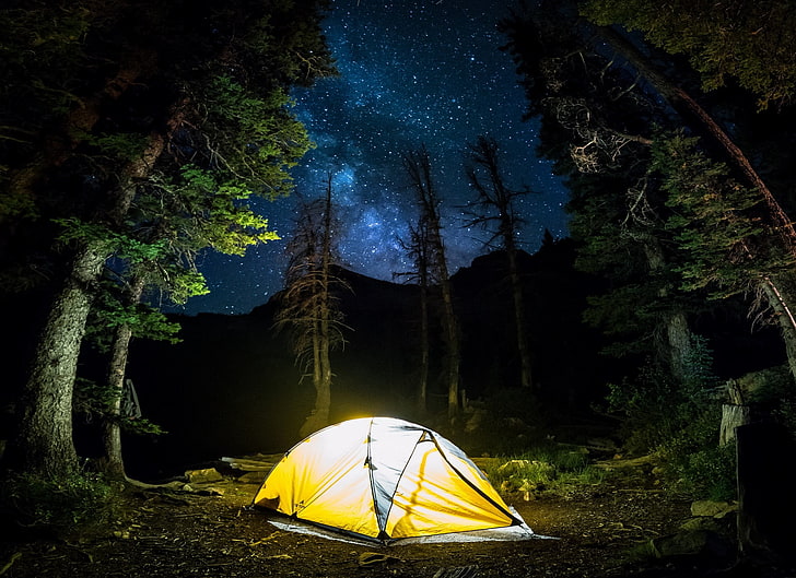 yellow dome tent, nature, landscape, camping, forest, starry night, Milky Way, trees, long exposure, lights, mountains, shrubs, blue, yellow, HD wallpaper