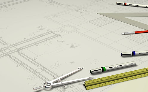 Sporządzenie planu, srebrny kompas i długopis, grafika cyfrowa, 1920x1200, linijka, plan, Tapety HD HD wallpaper