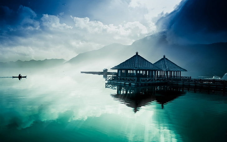 Natur, Landschaft, See, Dock, Boot, Berge, Nebel, Wolken, Wasser, Morgen, HD-Hintergrundbild