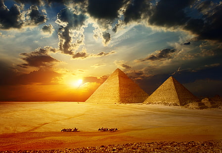 две бетонни пирамиди, небето, слънцето, пейзаж, HDR, размазване, Гиза, Египет, пясъци, плато, каравана, боке, комплекс, предградията, пътуване, туризъм, тапети., моята планета, седем чудеса на света, творение , пирамиди, XXVI-Чой пр. н. е., древни, Кайро, древния свят, един, HD тапет HD wallpaper