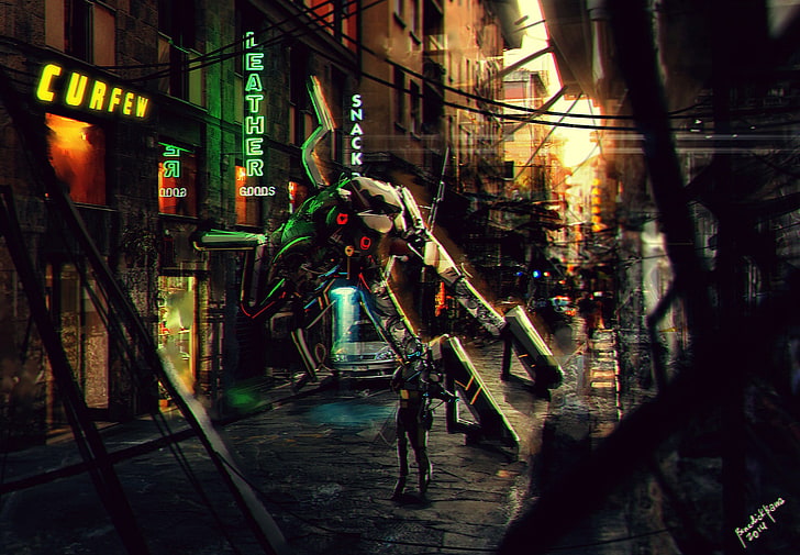 arte digital de robô de metal cinza, trabalho artístico, arte da fantasia, arte conceitual, mech, robô, cidade, urbana, futurista, 2014 (ano), HD papel de parede