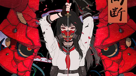  anime girls, samurai, katana, mask, HD wallpaper HD wallpaper
