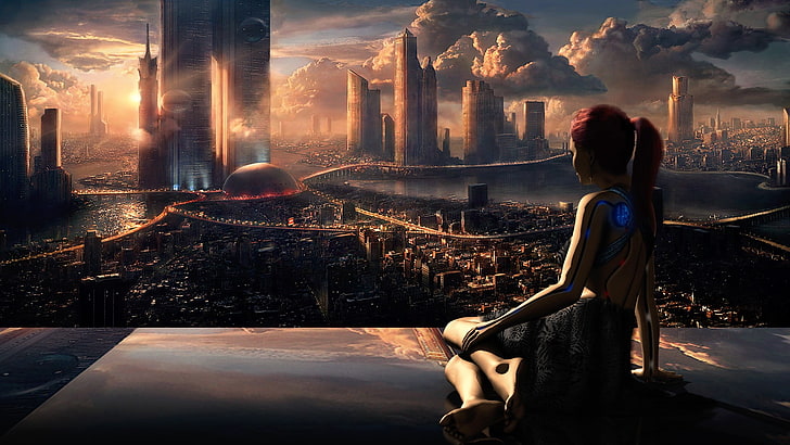kobieta siedząca, wpatrując się w miejską tapetę, dzieło sztuki, sztukę cyfrową, futurystyczną, science fiction, robota, miasto, androidy, Tapety HD