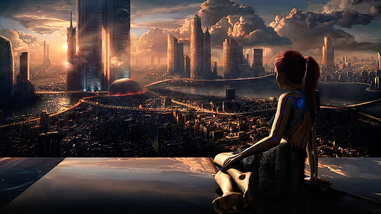 Frau sitzt und starrt auf Tapete, Kunstwerk, digitale Kunst, futuristisch, Science-Fiction, Roboter, Stadt, Androiden, HD-Hintergrundbild HD wallpaper