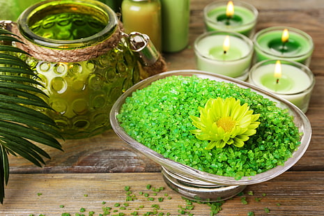 green Gerbera flower, candles, relax, flowers, Spa, still life, salt, wellness, HD wallpaper HD wallpaper