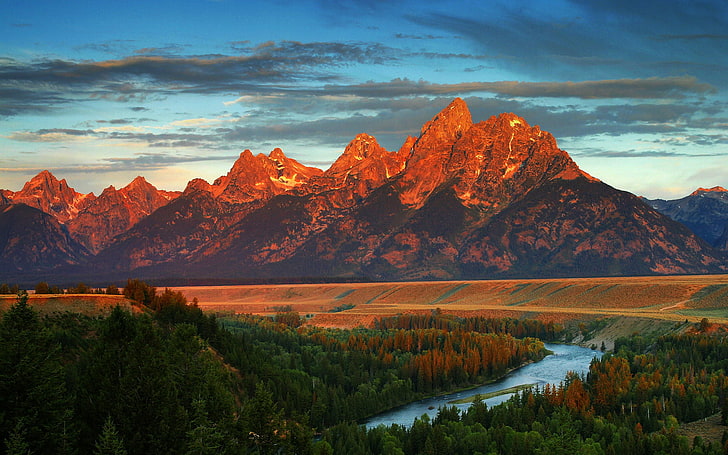 pegunungan, alam, gunung, awan, pemandangan, Wyoming, biru, langit, musim gugur, sungai, AS, Wallpaper HD