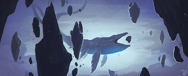 peinture de baleine bleue, baleine, art fantastique, ciel, Fond d'écran HD
