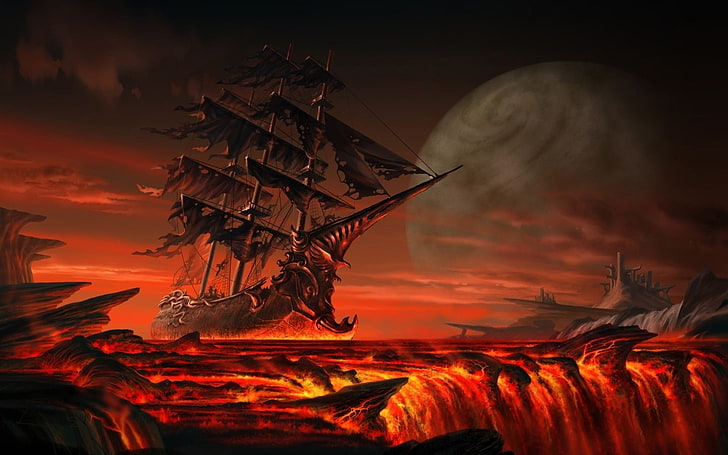 cubierta del juego de barco galeón blanco y marrón, arte digital, velero, agua, mar, naturaleza, nubes, arte de fantasía, lava, planeta, colinas, roca, infierno, Fondo de pantalla HD