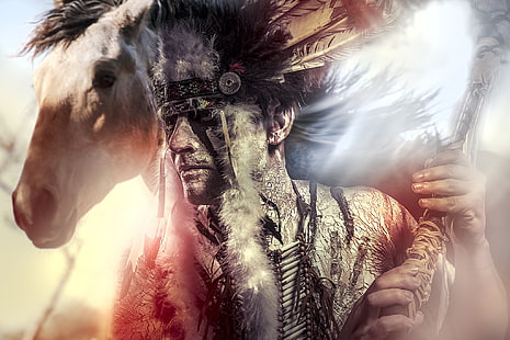 Native American portrait artwork, face, horse, feathers, male, Indian, HD wallpaper HD wallpaper