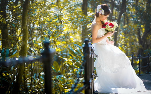 Schöne Braut, Mädchen, asiatisch, Blumen, Schön, Braut, Mädchen, asiatisch, Blumen, HD-Hintergrundbild HD wallpaper