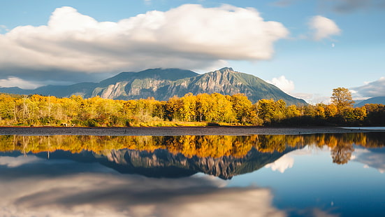 body of water around trees under blue and white sky, The Sky Moves Sideways, body of water, trees, blue and white, lake  mountain, nature, landscape, mt. si, reflection, Autumn  Fall, Autumn Colors, Washington, Pacific Northwest, Canon EOS 5D Mark III, Canon EF, 35mm, 4L, John, Westrock, mountain, autumn, lake, scenics, outdoors, forest, tree, beauty In Nature, sky, mountain Peak, HD wallpaper HD wallpaper