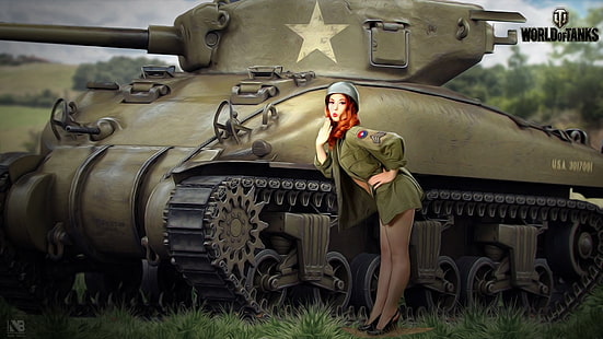 World of Tanks тапет, поле, трева, момиче, дървета, фигура, изкуство, обувки, резервоар, каска, американец, червенокоса, средно, World of Tanks, Шерман, Никита Боляков, туника, HD тапет HD wallpaper