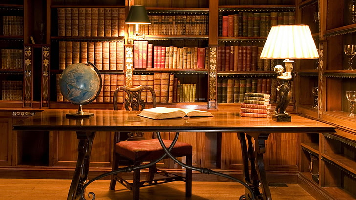 خزانة ، طاولة ، كتاب ، كرة أرضية ، مصباح ، كتب ، مكتبة، خلفية HD