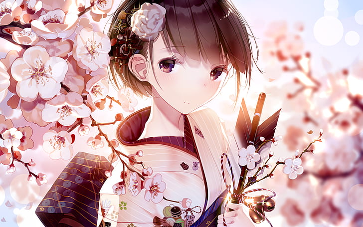 anime girl, quimono, sakura blossom, fofa, cabelo curto, Anime, HD papel de parede