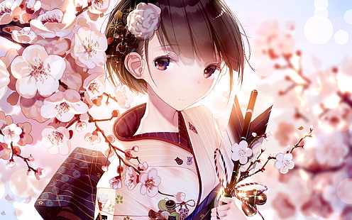 anime girl, kimono, kwiat sakury, słodkie, krótkie włosy, anime, Tapety HD HD wallpaper