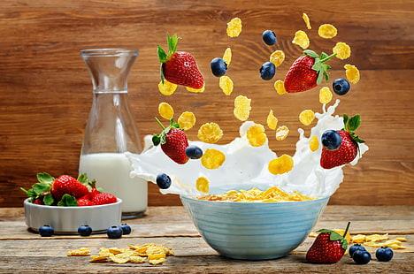 ягоды, бутылка, завтрак, молоко, хлопья, всплеск., HD обои HD wallpaper