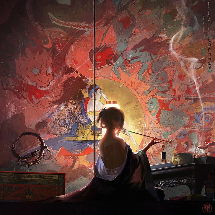 painting, smoking, smoke, samurai, sword, arrows, waves, sheath, spear, weapon, demon, Oni, kimono, dragon, eastern, Japanese, smoking pipe, lantern, women, HD wallpaper