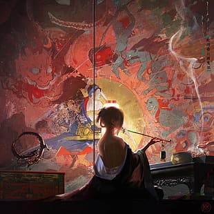  painting, smoking, smoke, samurai, sword, arrows, waves, sheath, spear, weapon, demon, Oni, kimono, dragon, eastern, Japanese, smoking pipe, lantern, women, HD wallpaper HD wallpaper