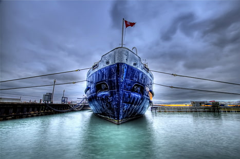 papel de parede digital de navio azul, barco, navio, doca, mar, bandeira, hdr, HD papel de parede HD wallpaper