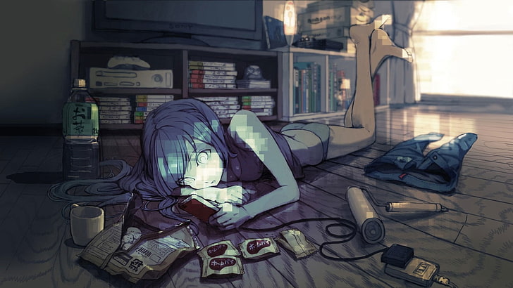 anime girls, original characters, room, blue hair, HD wallpaper