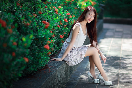Mujer, asiático, niña, tacones altos, pelo largo, modelo, sonrisa, mujer, Fondo de pantalla HD HD wallpaper