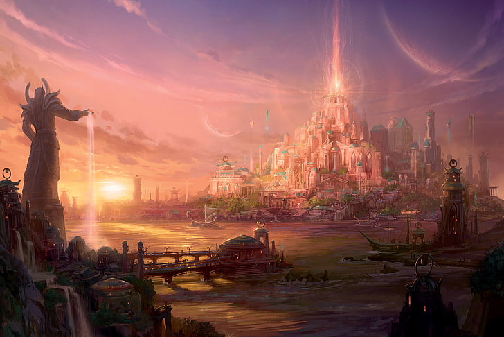 замък и статуи тапет, World of Warcraft, фентъзи изкуство, видео игри, HD тапет