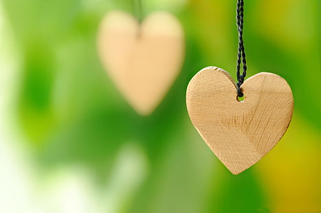 brown wooden heart pendant necklace, macro, green, background, Wallpaper, heart, blur, wooden, widescreen, full screen, HD wallpapers, HD wallpaper HD wallpaper