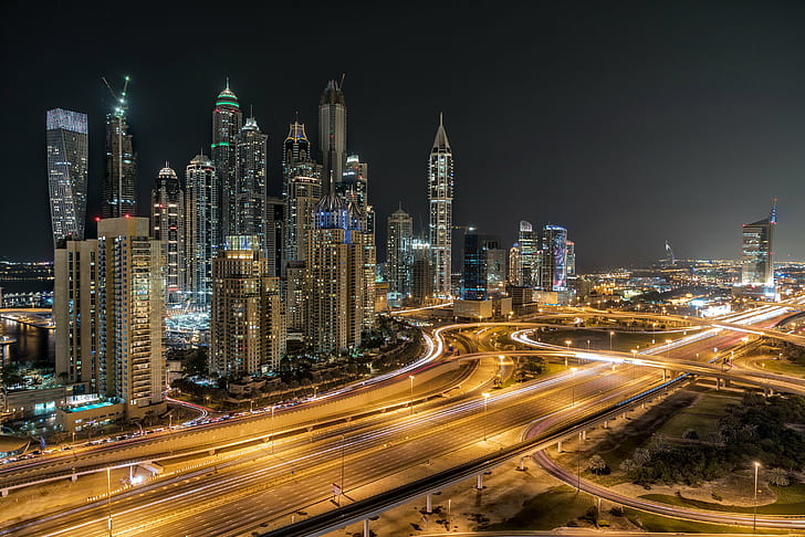 timelapse photo of high way near high rise buildings, Dubai Marina, timelapse, photo, way, high rise buildings, city, cityscape, Landscape, night, nightscape, longexposure, HDR, Marina  Towers, Explore, rooftop, urban, urban Skyline, architecture, skyscraper, traffic, downtown District, urban Scene, asia, dubai, united Arab Emirates, highway, street, china - East Asia, transportation, modern, business, tower, built Structure, famous Place, road, building Exterior, HD wallpaper