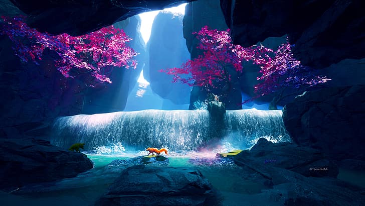 waterfall, fox, water, trees, splashes, cave, HD wallpaper