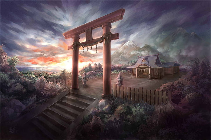 mountains clouds landscapes touhou trees stairways shrine gate scenic shinto torii shimenawa gensoky Nature Mountains HD Art , Clouds, mountains, HD wallpaper