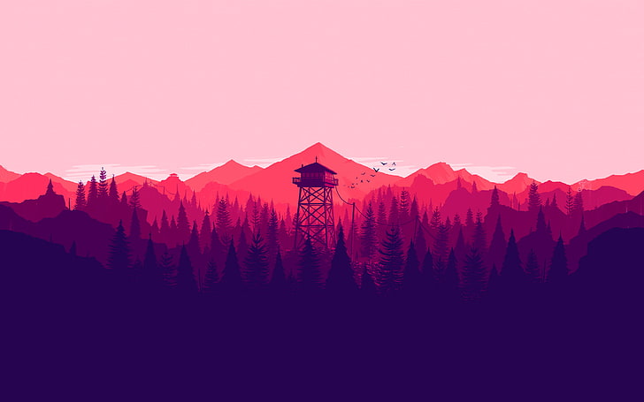 silhouette of watch tower, Firewatch, video games, mountains, nature, landscape, artwork, minimalism, fire lookout tower, forest, tower, Olly Moss, illustration, digital art, 2016 (Year), HD wallpaper