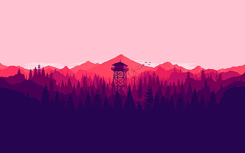 silhouette of watch tower, Firewatch, video games, mountains, nature, landscape, artwork, minimalism, fire lookout tower, forest, tower, Olly Moss, illustration, digital art, 2016 (Year), HD wallpaper HD wallpaper