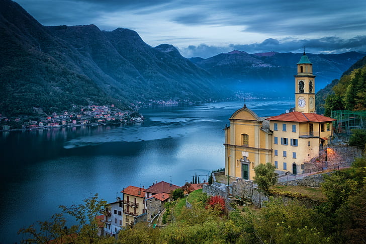 Stworzone przez człowieka, Miasto, Budynek, Kościół, Włochy, Jezioro, Jezioro Como, Tapety HD