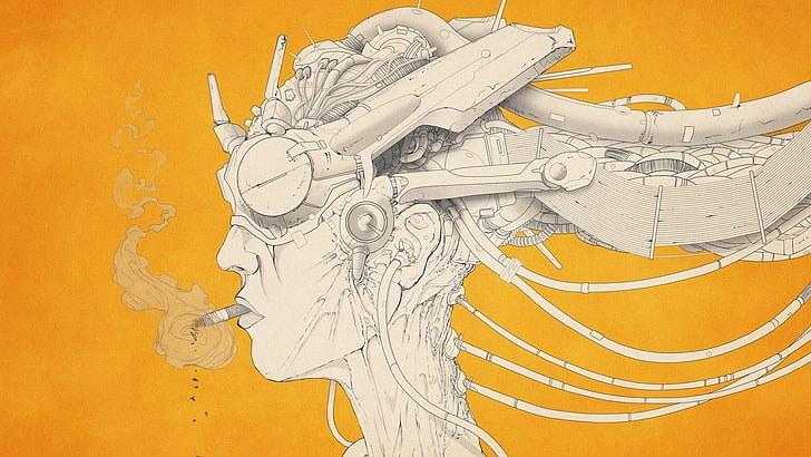 osoba paląca z ilustracją głowy robota, dzieło sztuki, cyborg, palenie, Tapety HD