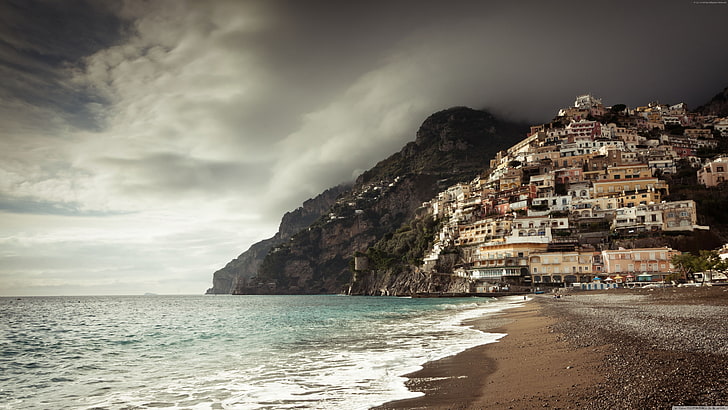 pantai positano, 5k, italia, awan, 8k, 4k, Wallpaper HD