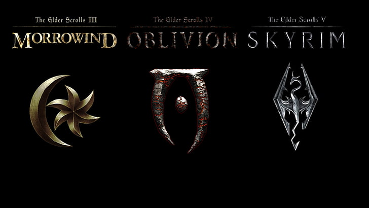 Morrowind, Oblivion, The Elder Scrolls V Logos Skyrim, The Elder Scrolls, The Elder Scrolls V: Skyrim, The Elder Scrolls IV: Oblivion, The Elder Scrolls III: Morrowind, jeux vidéo, collage, Fond d'écran HD