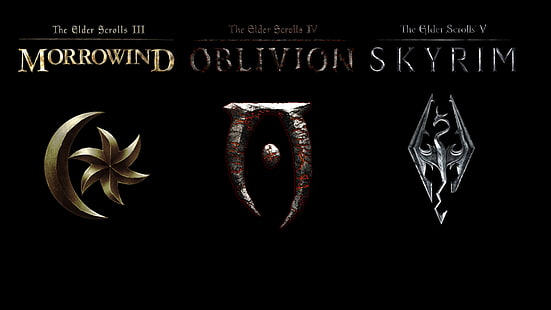 Morrowind, Oblivion, logo The Elder Scrolls V Skyrim, The Elder Scrolls, The Elder Scrolls V: Skyrim, The Elder Scrolls IV: Oblivion, The Elder Scrolls III: Morrowind, gry wideo, kolaż, Tapety HD HD wallpaper
