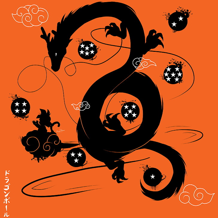 black dragon illustration, anime, Dragon Ball, Son Goku, Shenron, orange, simple background, black, dragon, Dragon Ball Z Kai, HD wallpaper