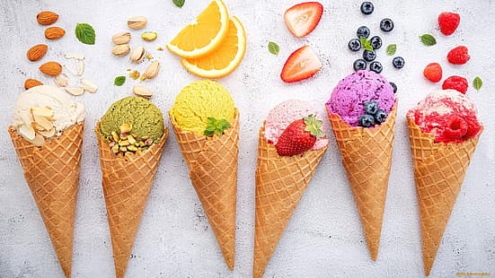еда, сладости, мороженое, вафли, фрукты, ягоды, HD обои HD wallpaper